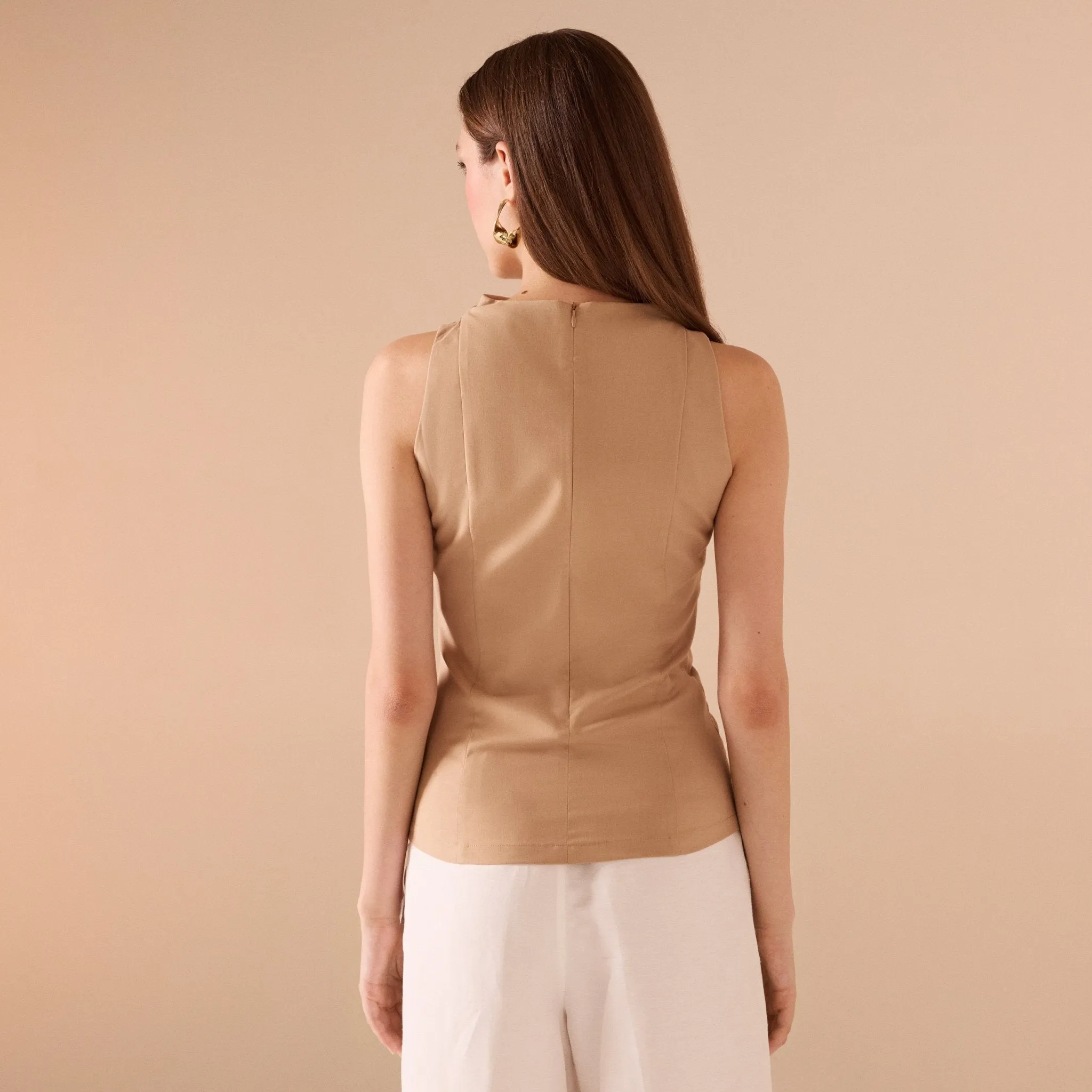 Beige Draped Neck Twill Top