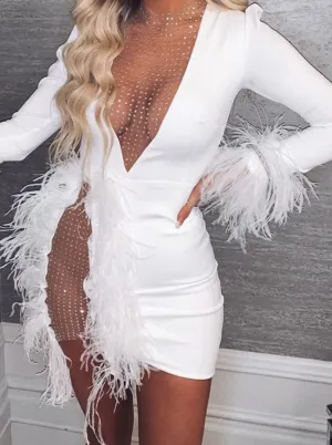 BerryBetty - Sexy See Through Sequin Mesh Patchwork Dresses Women Deep V White Feather Mini Party Dress Ladies Nightclub Vestidos