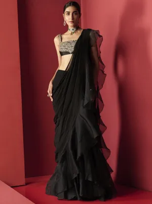 Black Draped Saree And Blouse