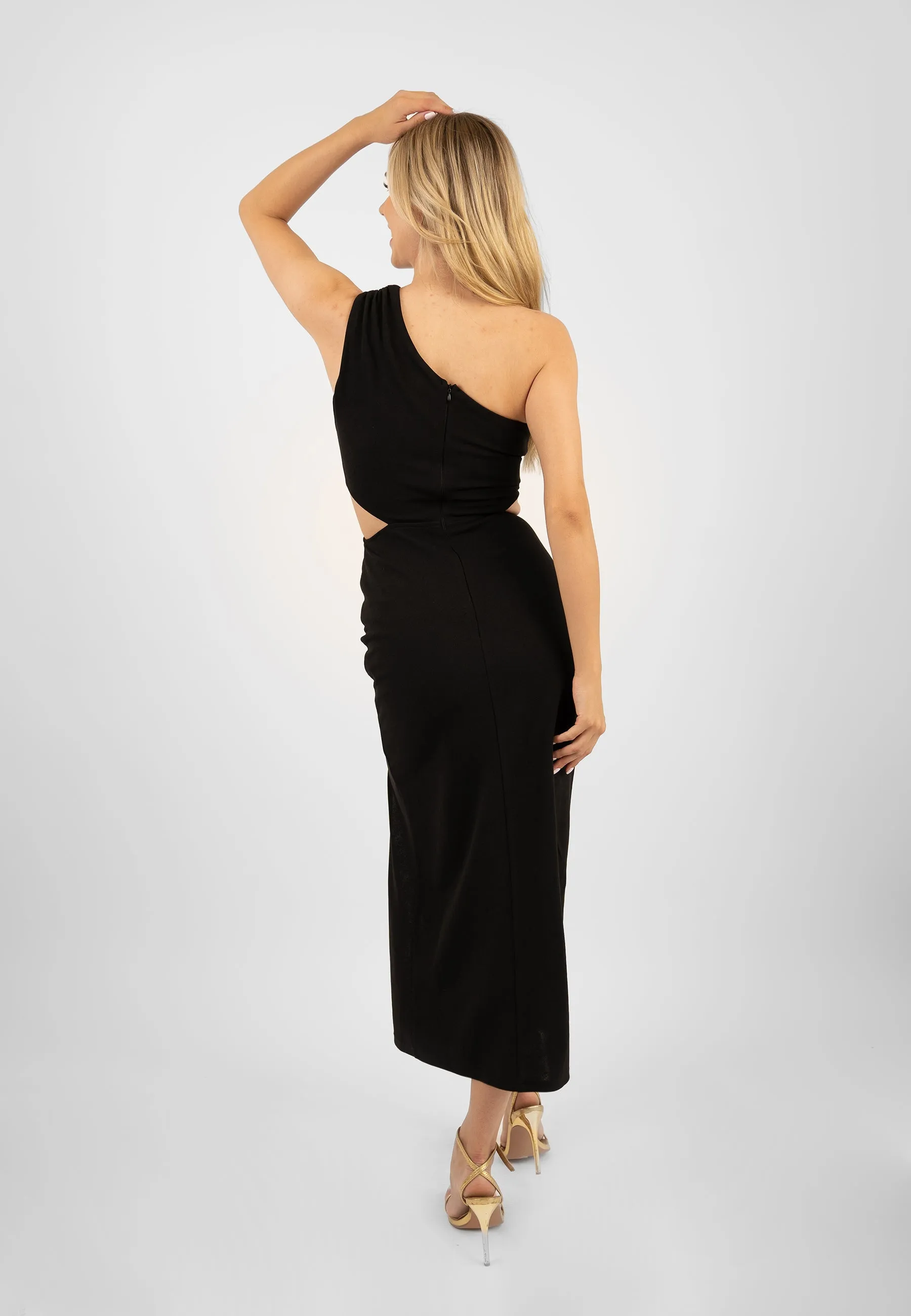 Black One Shoulder Midi Dress with Side Cutout