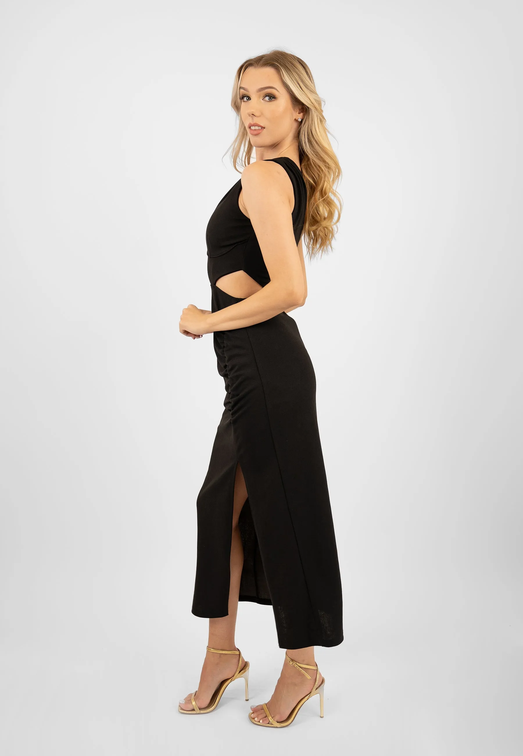 Black One Shoulder Midi Dress with Side Cutout
