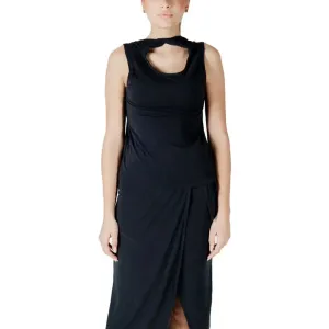 Black Sleeveless Dress with Neck Cutout and Draped Skirt