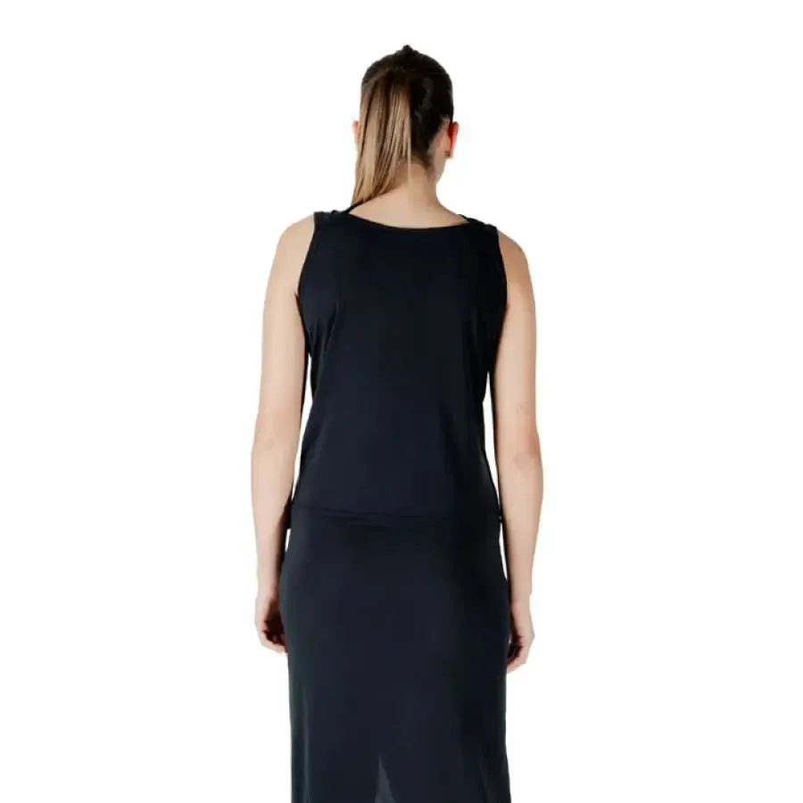 Black Sleeveless Dress with Neck Cutout and Draped Skirt