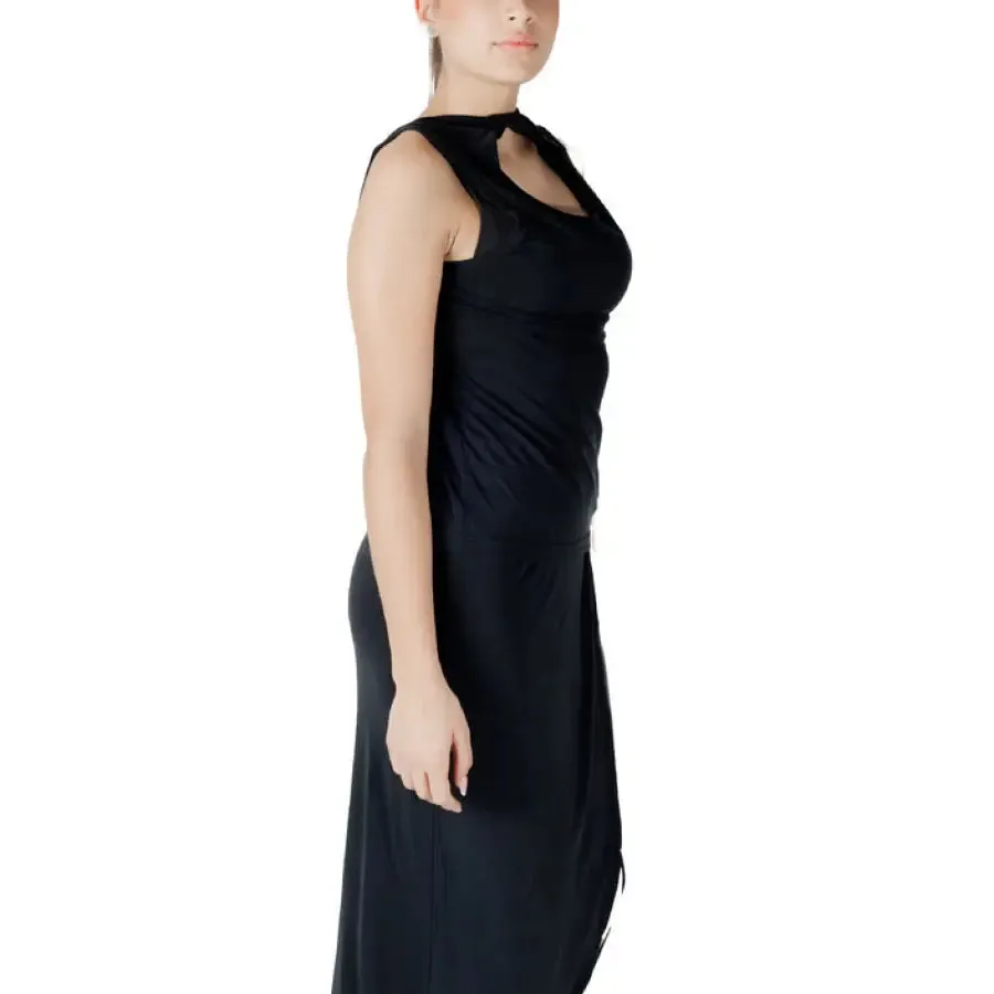 Black Sleeveless Dress with Neck Cutout and Draped Skirt