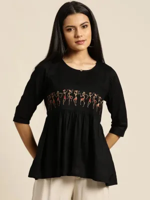 Black Tribal Embroidery Liva Peplum Top