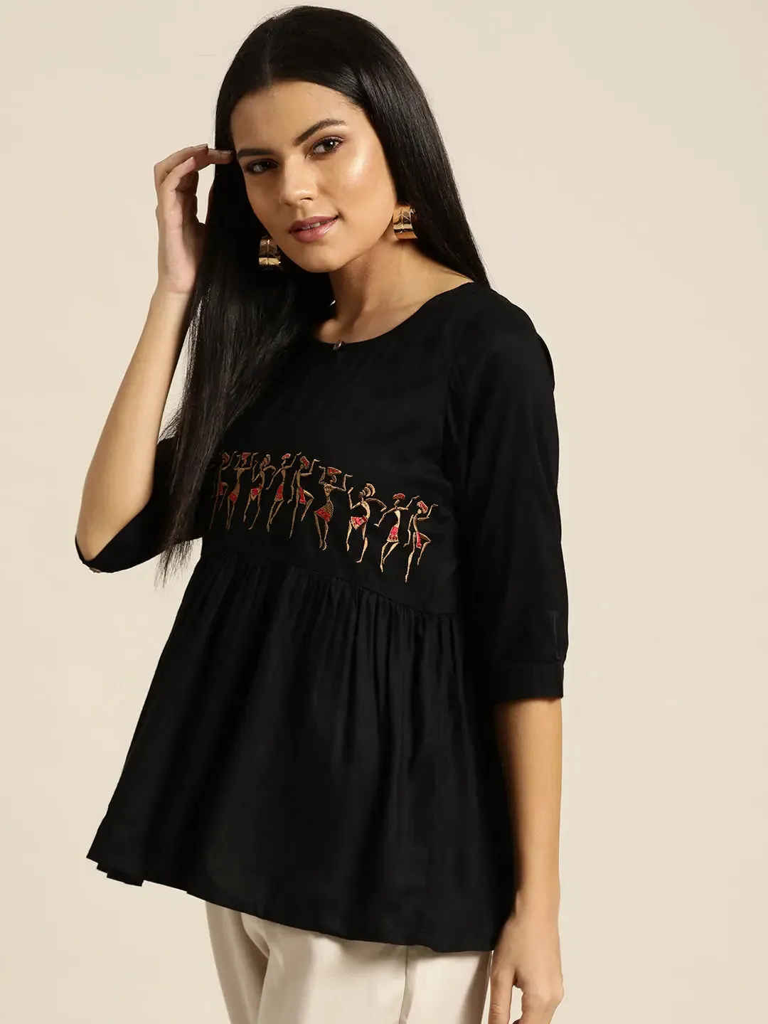 Black Tribal Embroidery Liva Peplum Top