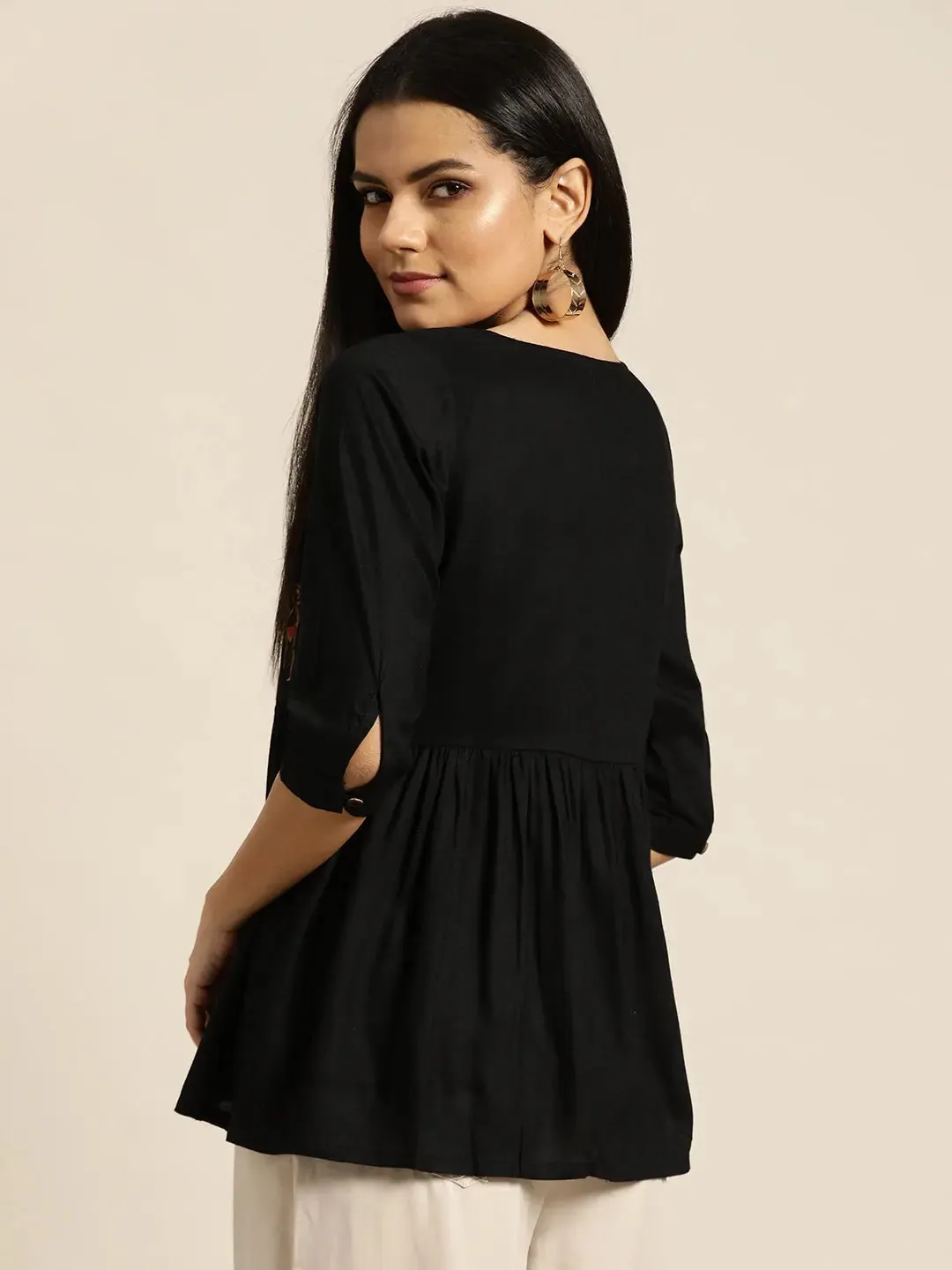 Black Tribal Embroidery Liva Peplum Top