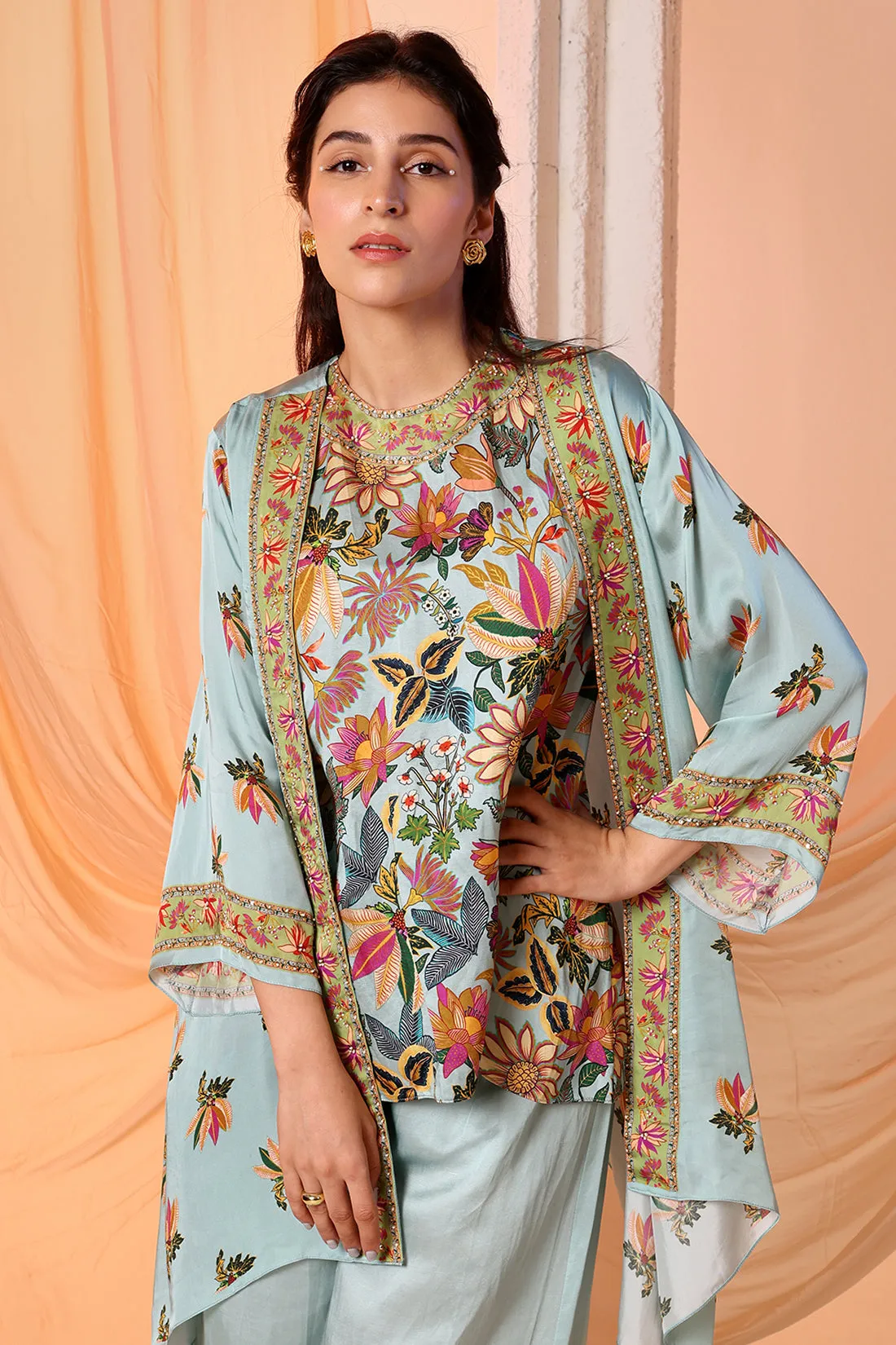 Blue arani embellished tunic and jacket set