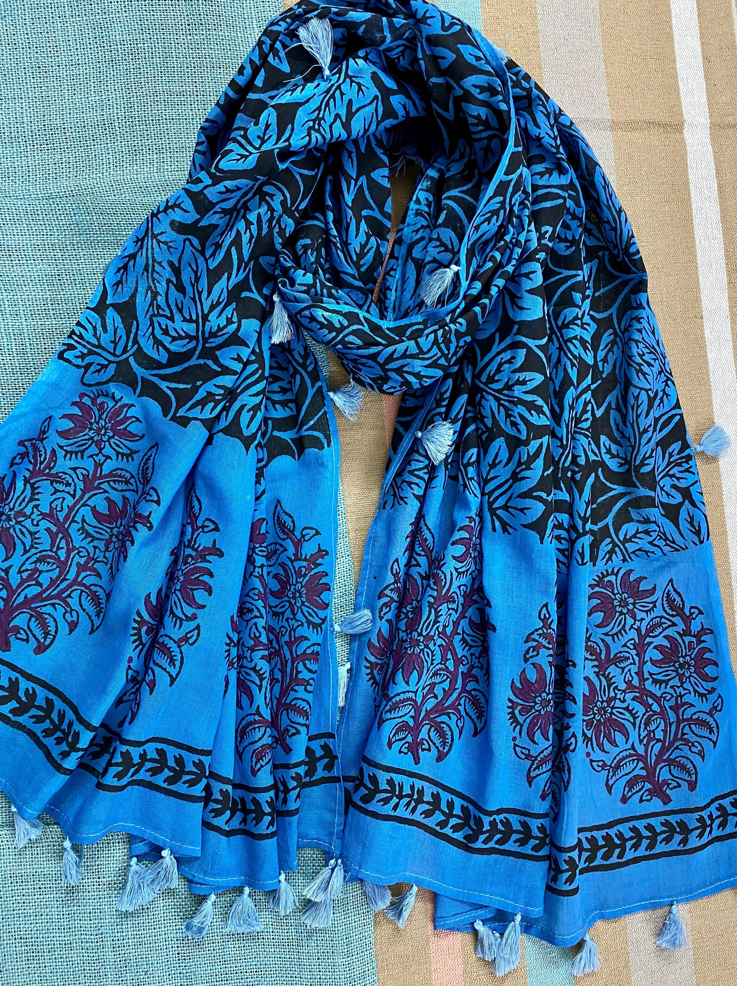 Blue Forest Block Printed Muslin Scarf