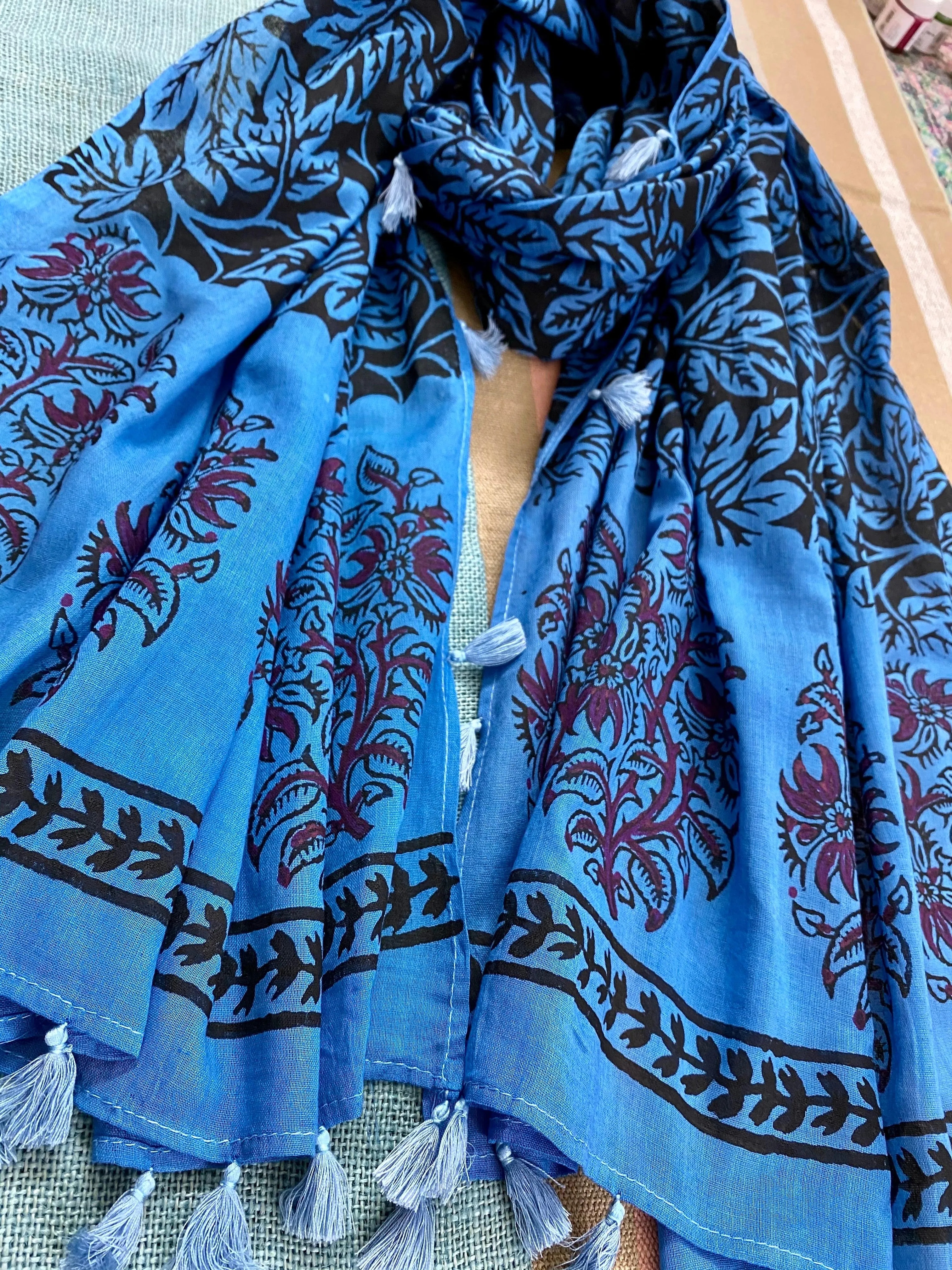 Blue Forest Block Printed Muslin Scarf