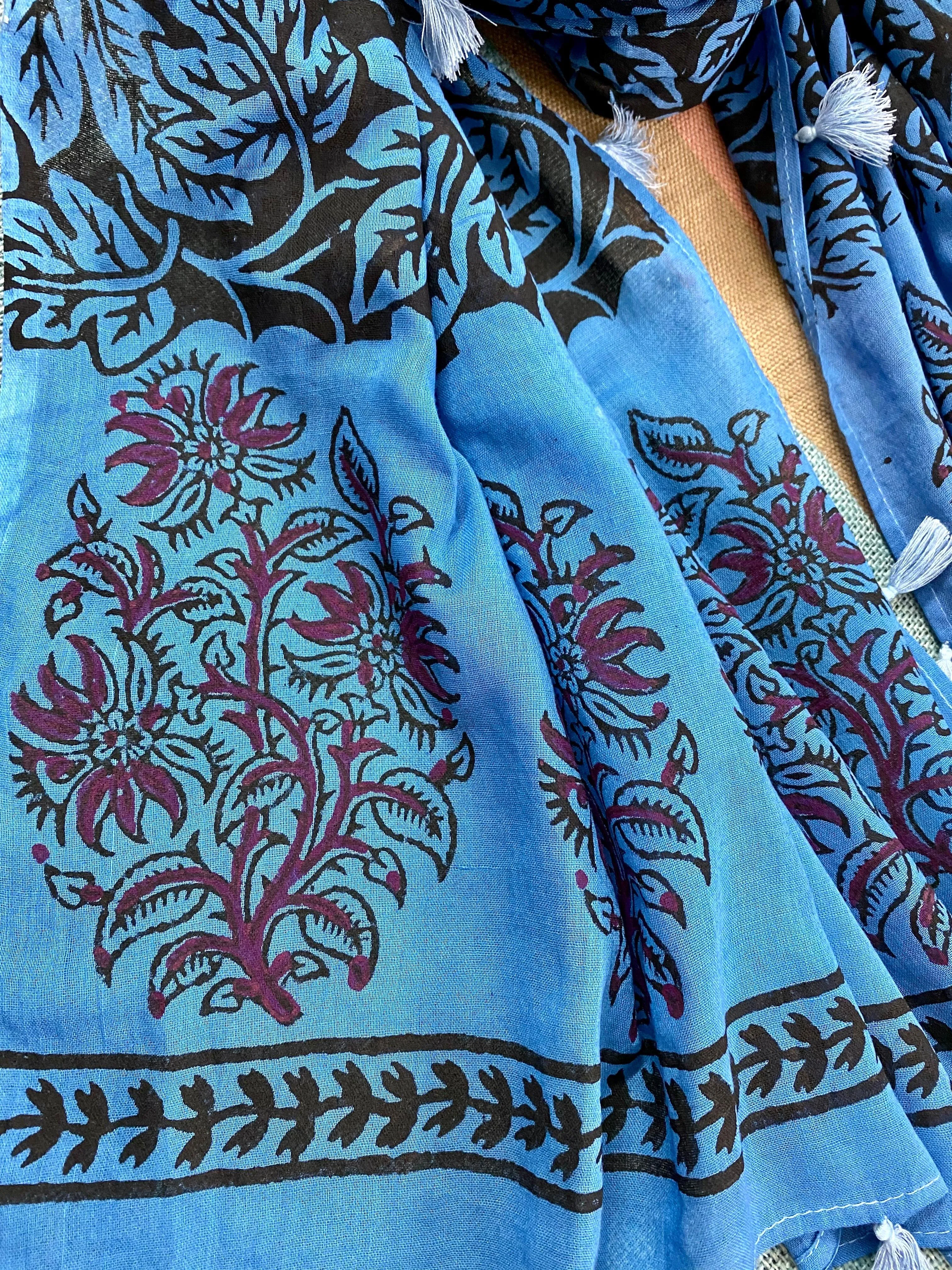 Blue Forest Block Printed Muslin Scarf