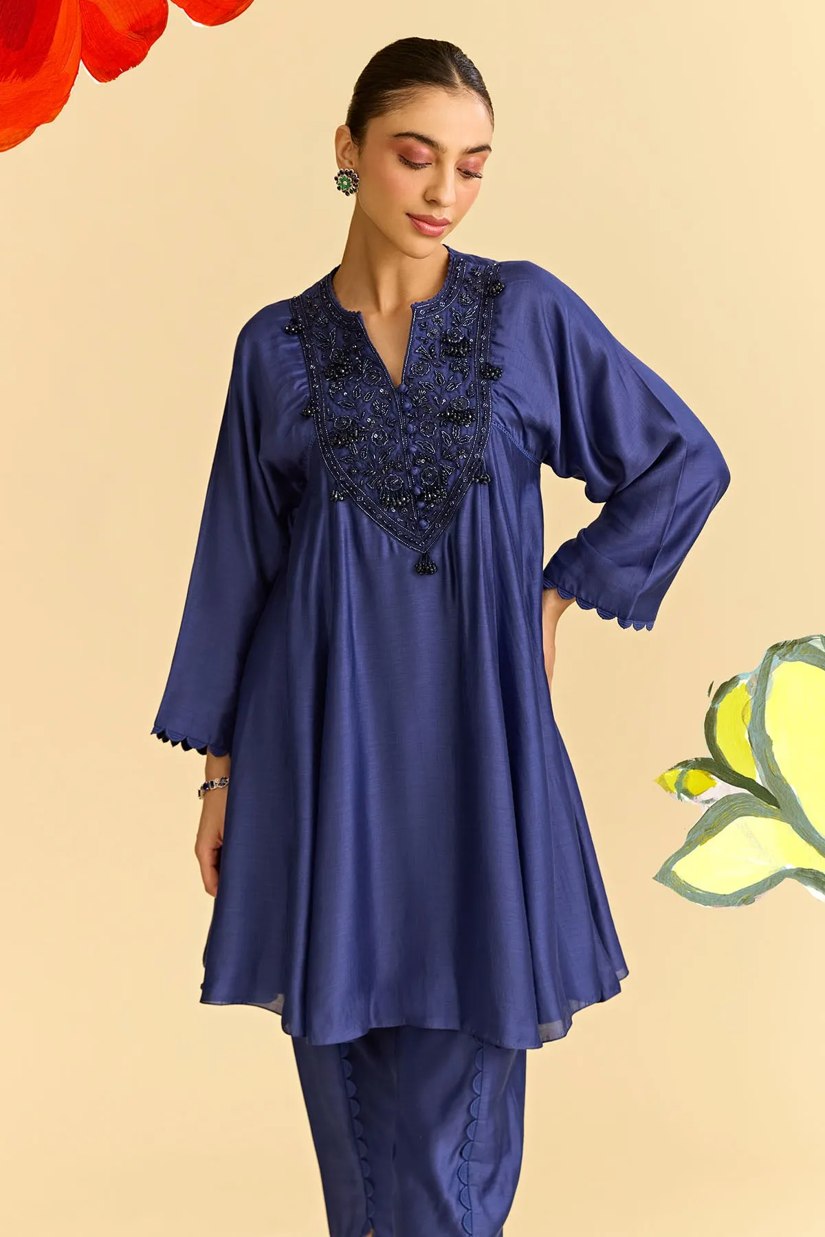 Blue Silk Short Kurta With Tulip Pants