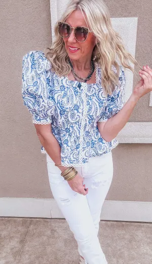 Blue White Stripe Puff Sleeve Peplum Top