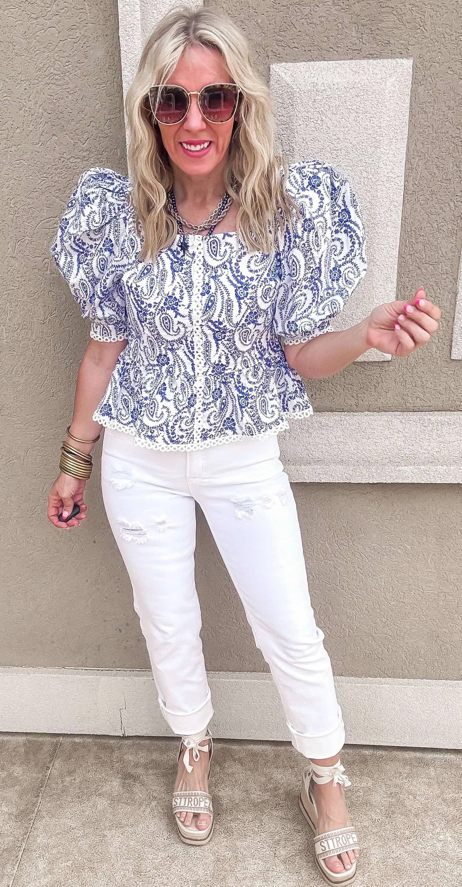 Blue White Stripe Puff Sleeve Peplum Top