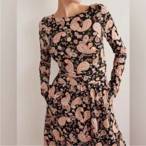 BODEN ABIGAIL JERSEY DRESS BLACK PAISLEY PASSION Long Sleeves Pocket 10 Long NEW