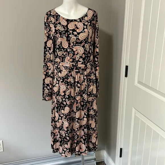 BODEN ABIGAIL JERSEY DRESS BLACK PAISLEY PASSION Long Sleeves Pocket 10 Long NEW