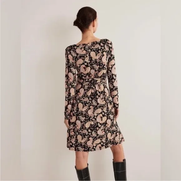 BODEN ABIGAIL JERSEY DRESS BLACK PAISLEY PASSION Long Sleeves Pocket 10 Long NEW