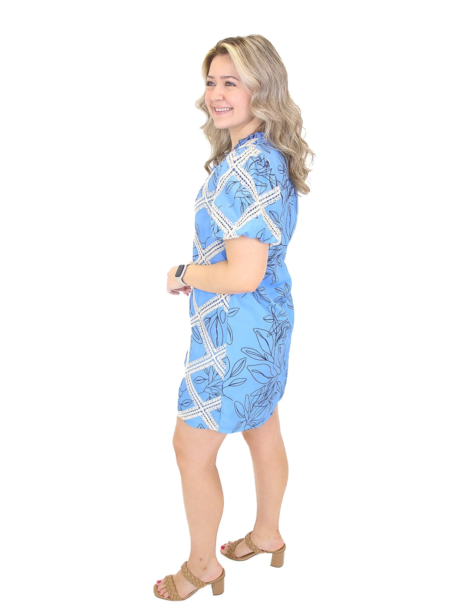 Botanical Crochet Shift Dress - Blue
