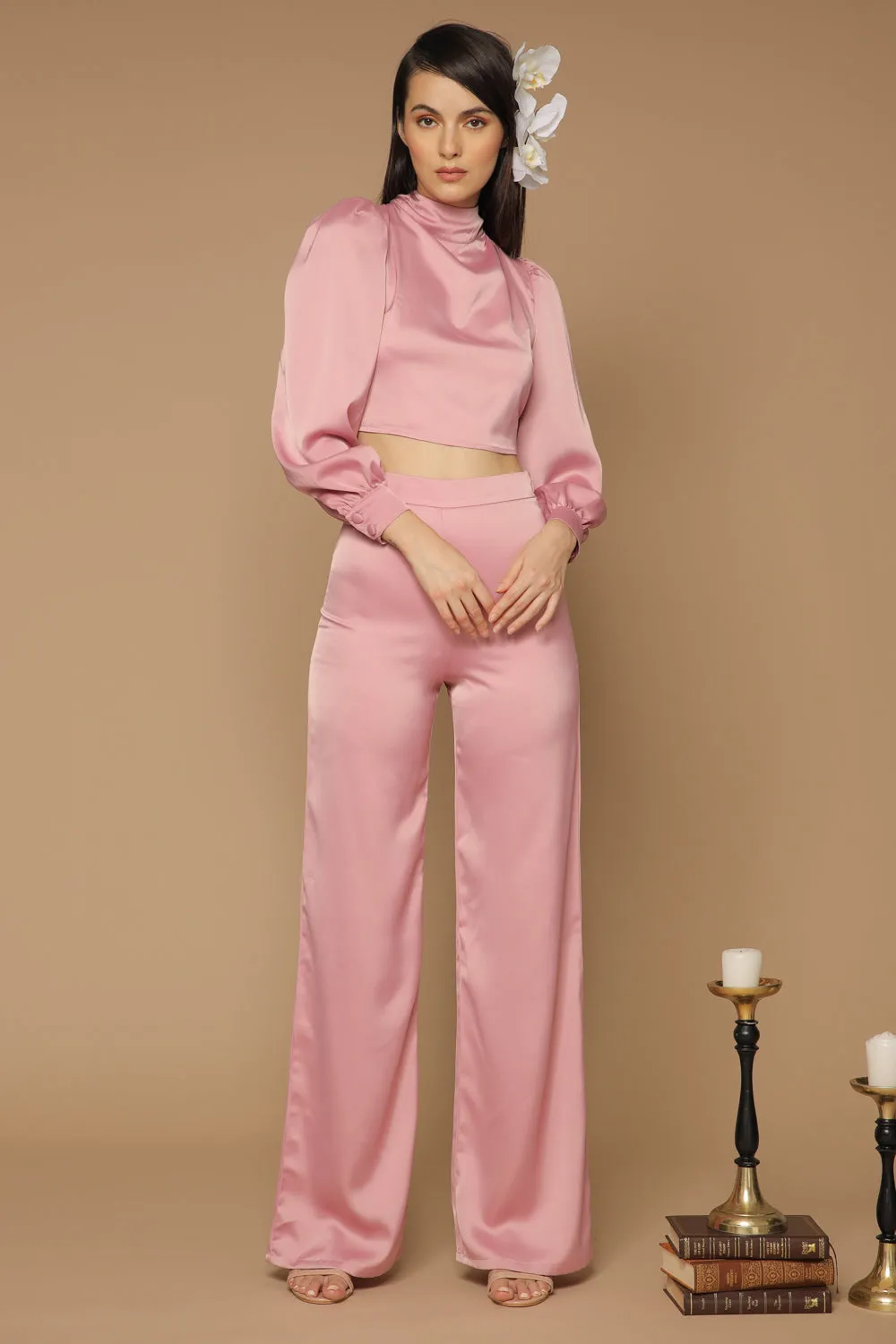 BRISA PANTS SET Puff Sleeve Top with Open Tie Back and Wide Leg Pants (Old Rose Silk)