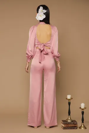 BRISA PANTS SET Puff Sleeve Top with Open Tie Back and Wide Leg Pants (Old Rose Silk)