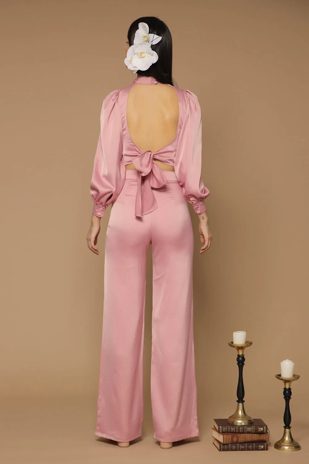 BRISA PANTS SET Puff Sleeve Top with Open Tie Back and Wide Leg Pants (Old Rose Silk)