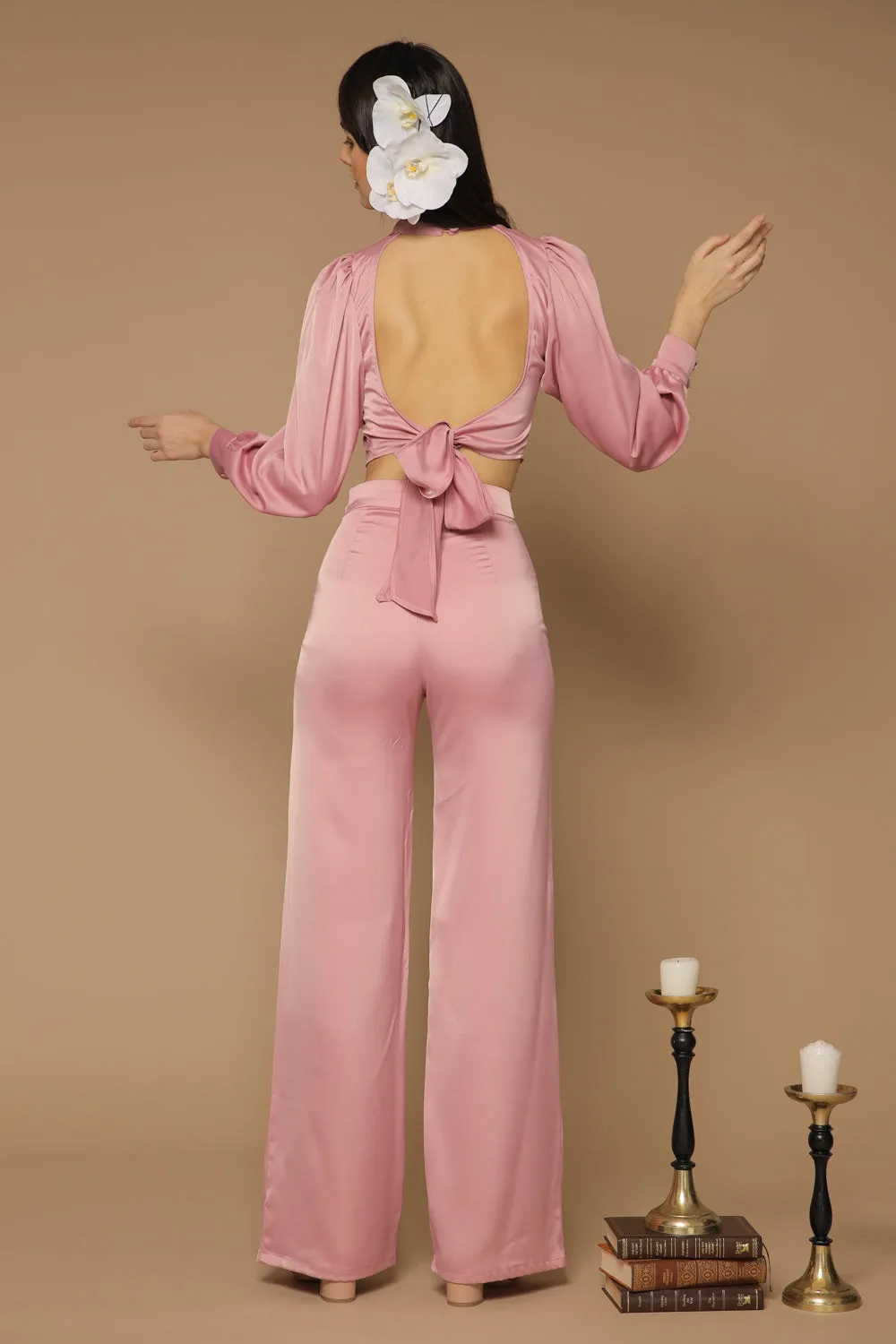 BRISA PANTS SET Puff Sleeve Top with Open Tie Back and Wide Leg Pants (Old Rose Silk)