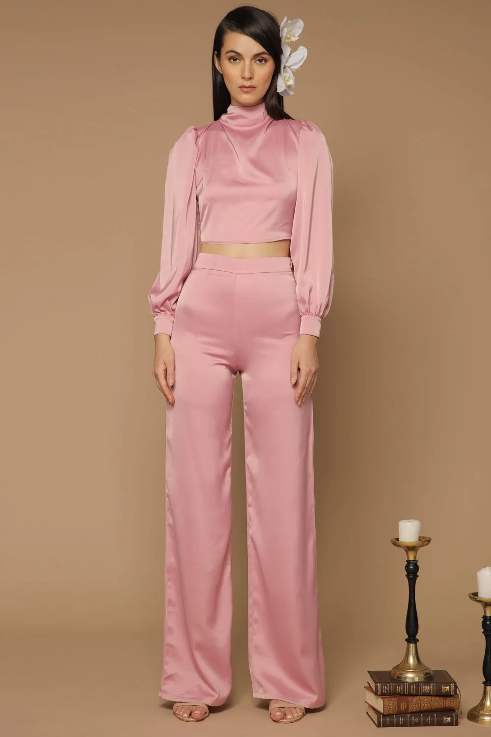 BRISA PANTS SET Puff Sleeve Top with Open Tie Back and Wide Leg Pants (Old Rose Silk)