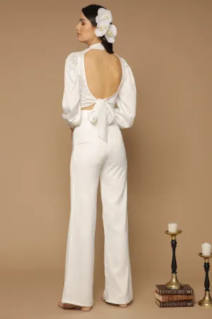 BRISA PANTS SET Puff Sleeve Top with Open Tie Back and Wide Leg Pants (White Silk)