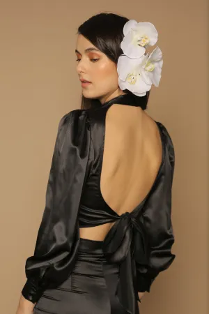 BRISA TOP Puff Sleeve Silk Top with Covered Buttons and Open Tie Back (Black Silk)