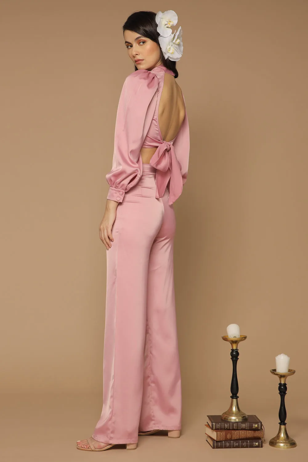 BRISA TOP Puff Sleeve Silk Top with Covered Buttons and Open Tie Back (Old Rose Silk)