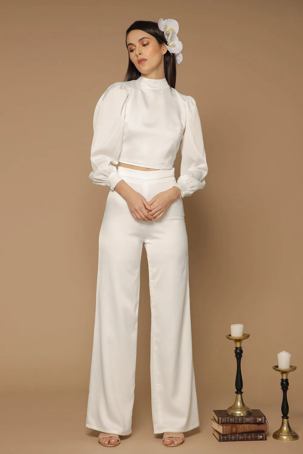 BRISA TOP Puff Sleeve Silk Top with Covered Buttons and Open Tie Back (White Silk)