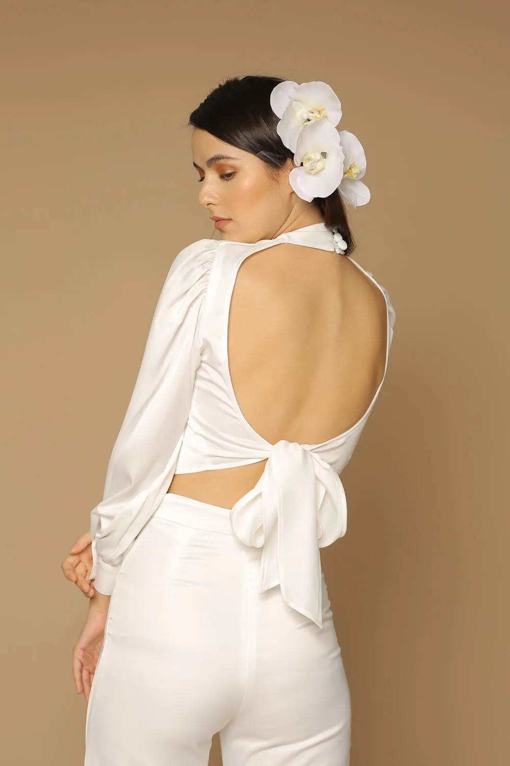 BRISA TOP Puff Sleeve Silk Top with Covered Buttons and Open Tie Back (White Silk)