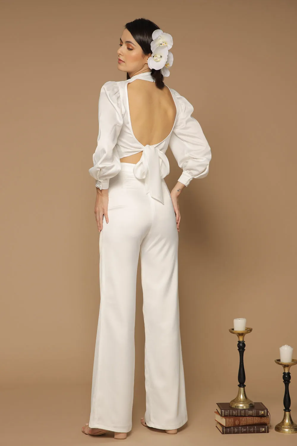 BRISA TOP Puff Sleeve Silk Top with Covered Buttons and Open Tie Back (White Silk)