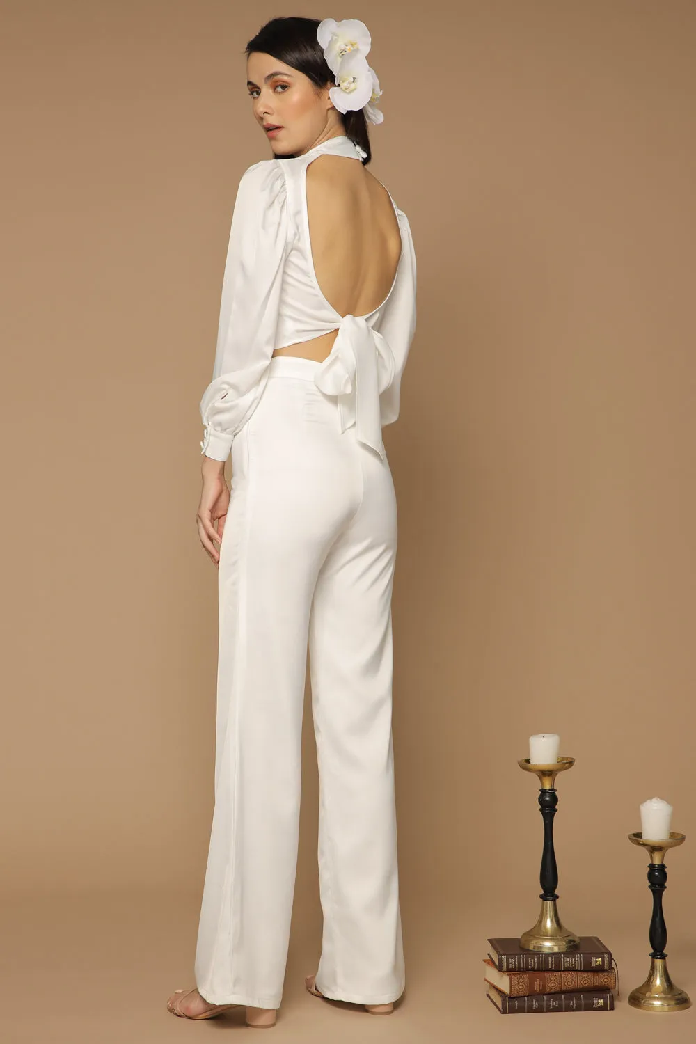 BRISA TOP Puff Sleeve Silk Top with Covered Buttons and Open Tie Back (White Silk)