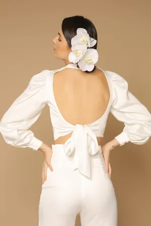 BRISA TOP Puff Sleeve Silk Top with Covered Buttons and Open Tie Back (White Silk)