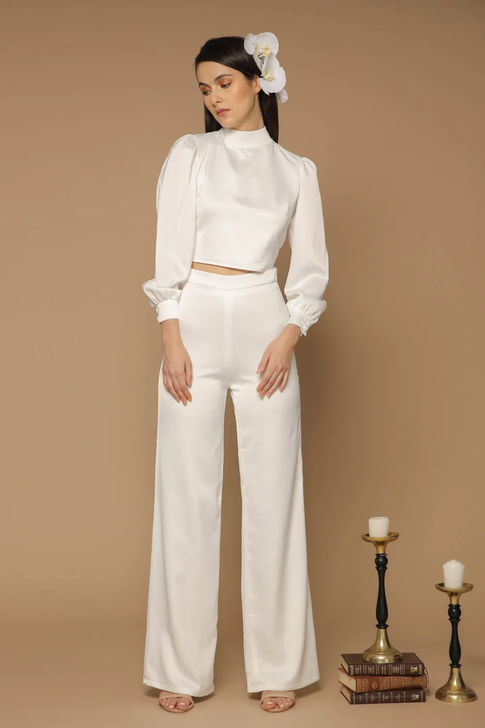 BRISA TOP Puff Sleeve Silk Top with Covered Buttons and Open Tie Back (White Silk)