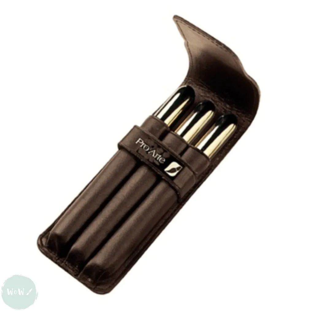 BRUSH SET - Pro Arte MIDAS - Two-Part Travel Brushes x 3 -  FLAT, ROUND & FILBERT with Leather carry case