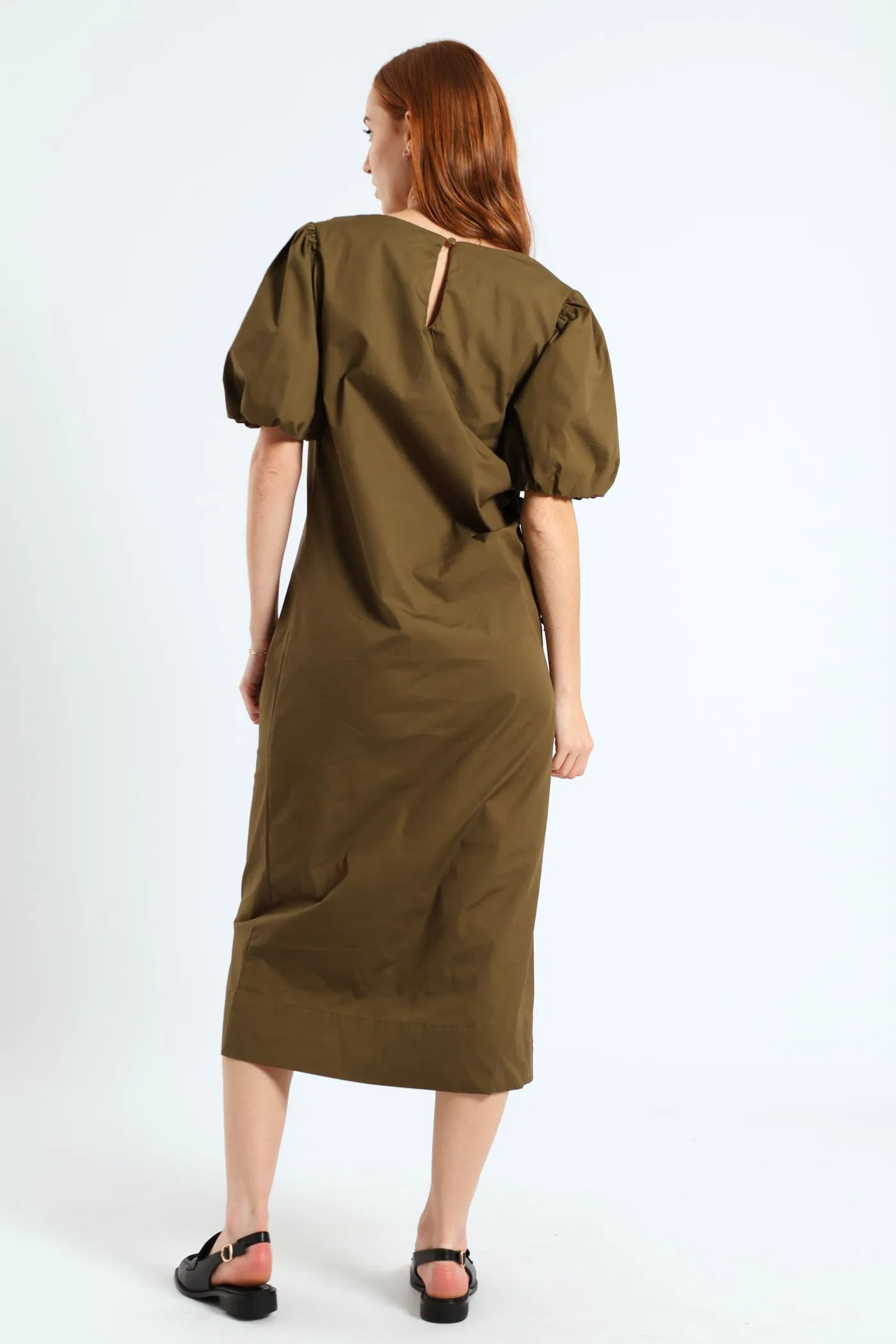 Bubble Sleeve Ruched Cutout Shift Midi Dress