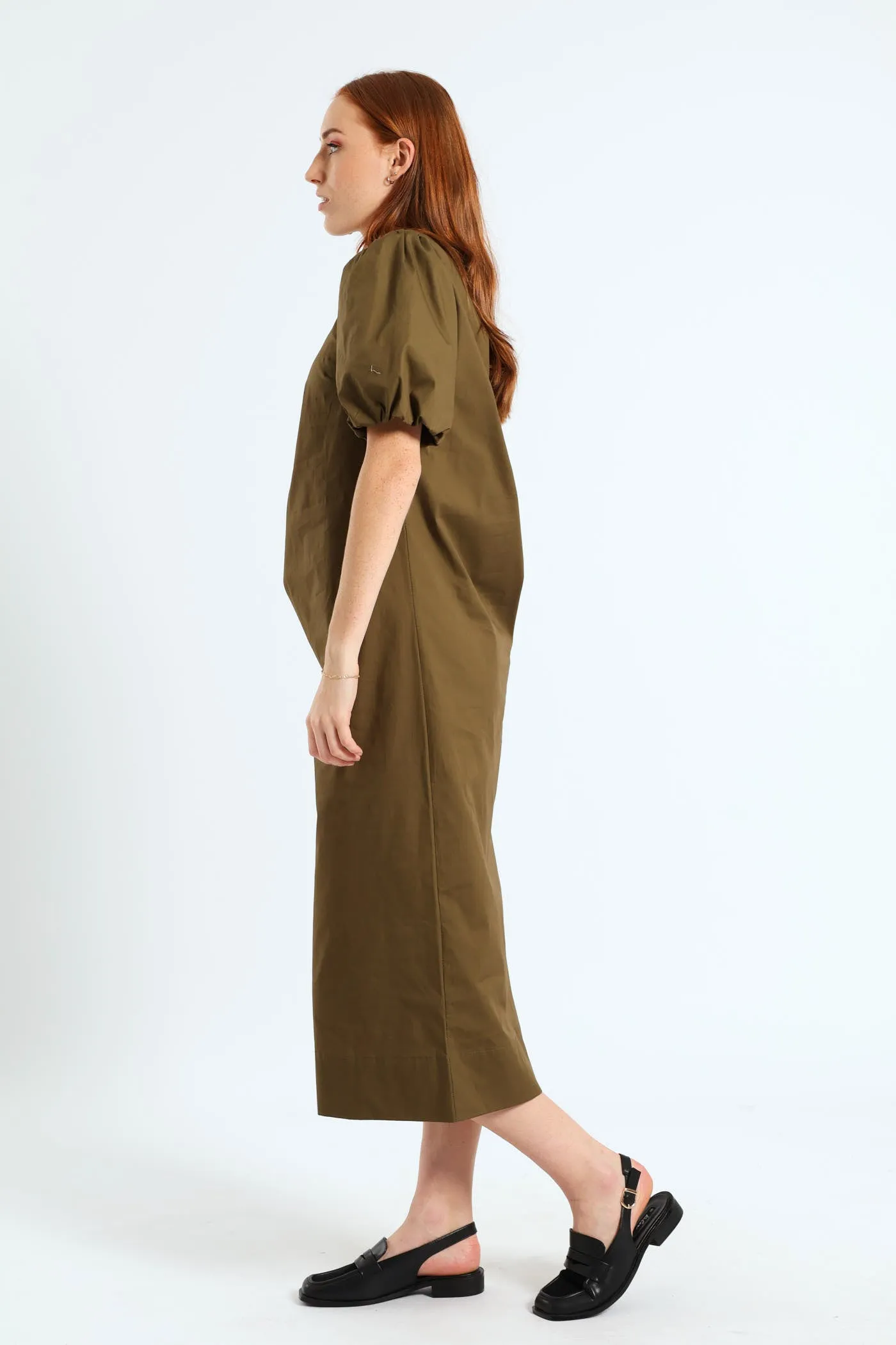 Bubble Sleeve Ruched Cutout Shift Midi Dress