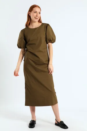 Bubble Sleeve Ruched Cutout Shift Midi Dress