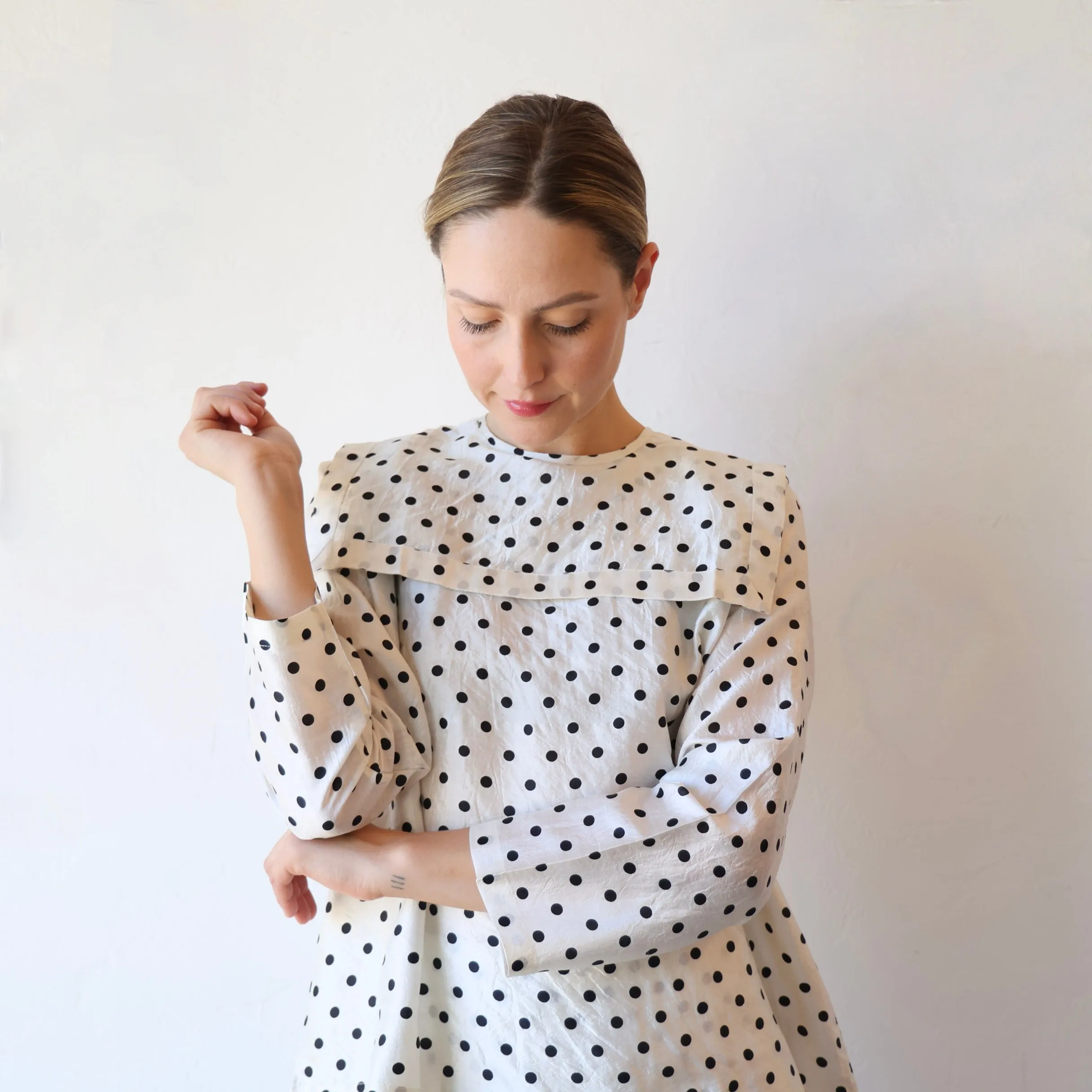 Bunon Sailor Collar Silk Shirt - Black/Cream Polkadot