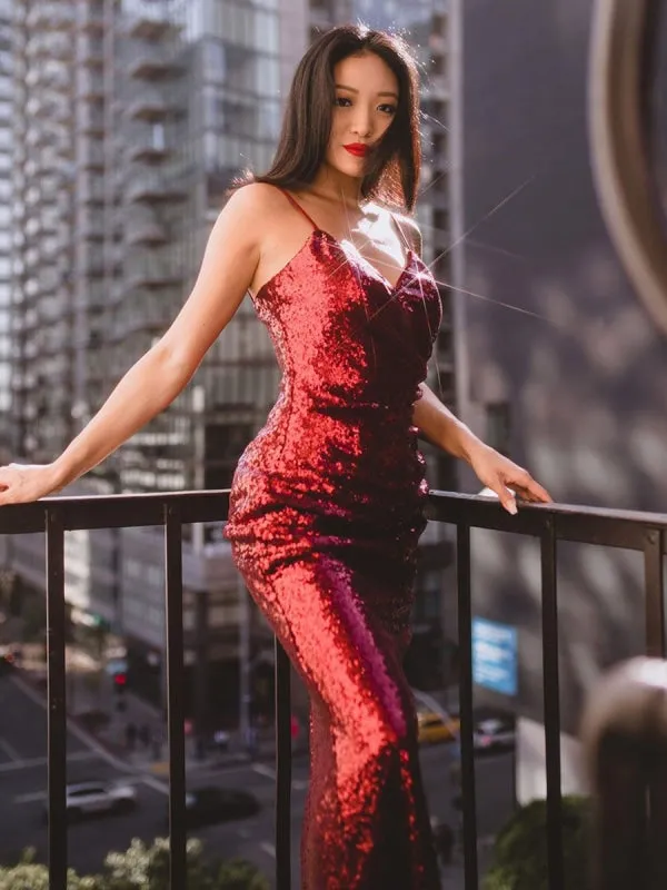 Burgundy Prom Dress V-Neck Backless Mermaid Sleeveless Sequined Bodycon Floor-Length Dresses