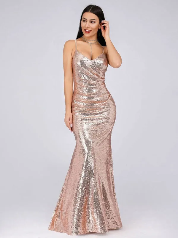 Burgundy Prom Dress V-Neck Backless Mermaid Sleeveless Sequined Bodycon Floor-Length Dresses