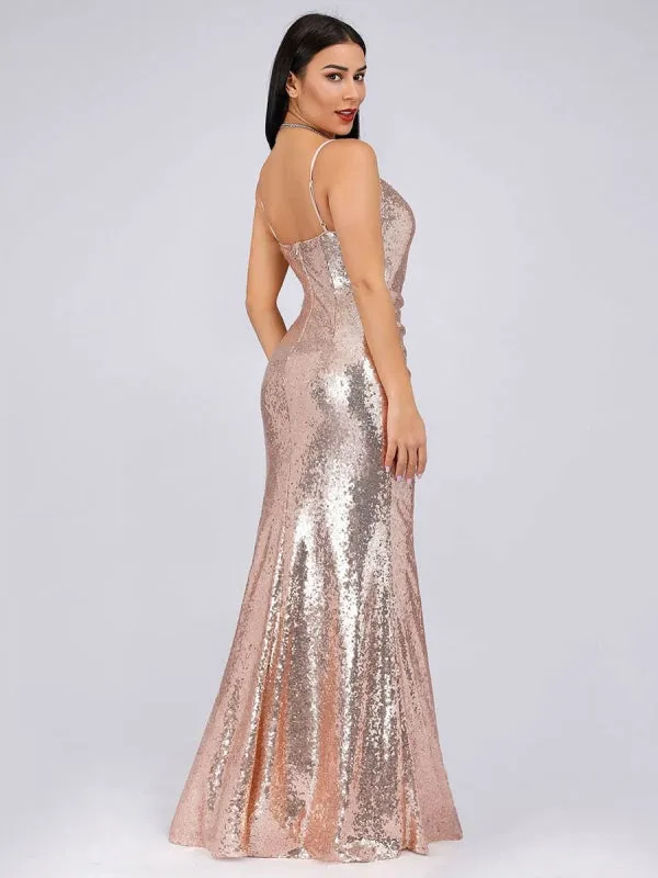 Burgundy Prom Dress V-Neck Backless Mermaid Sleeveless Sequined Bodycon Floor-Length Dresses