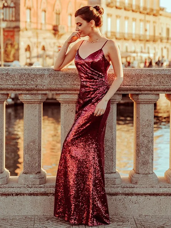 Burgundy Prom Dress V-Neck Backless Mermaid Sleeveless Sequined Bodycon Floor-Length Dresses