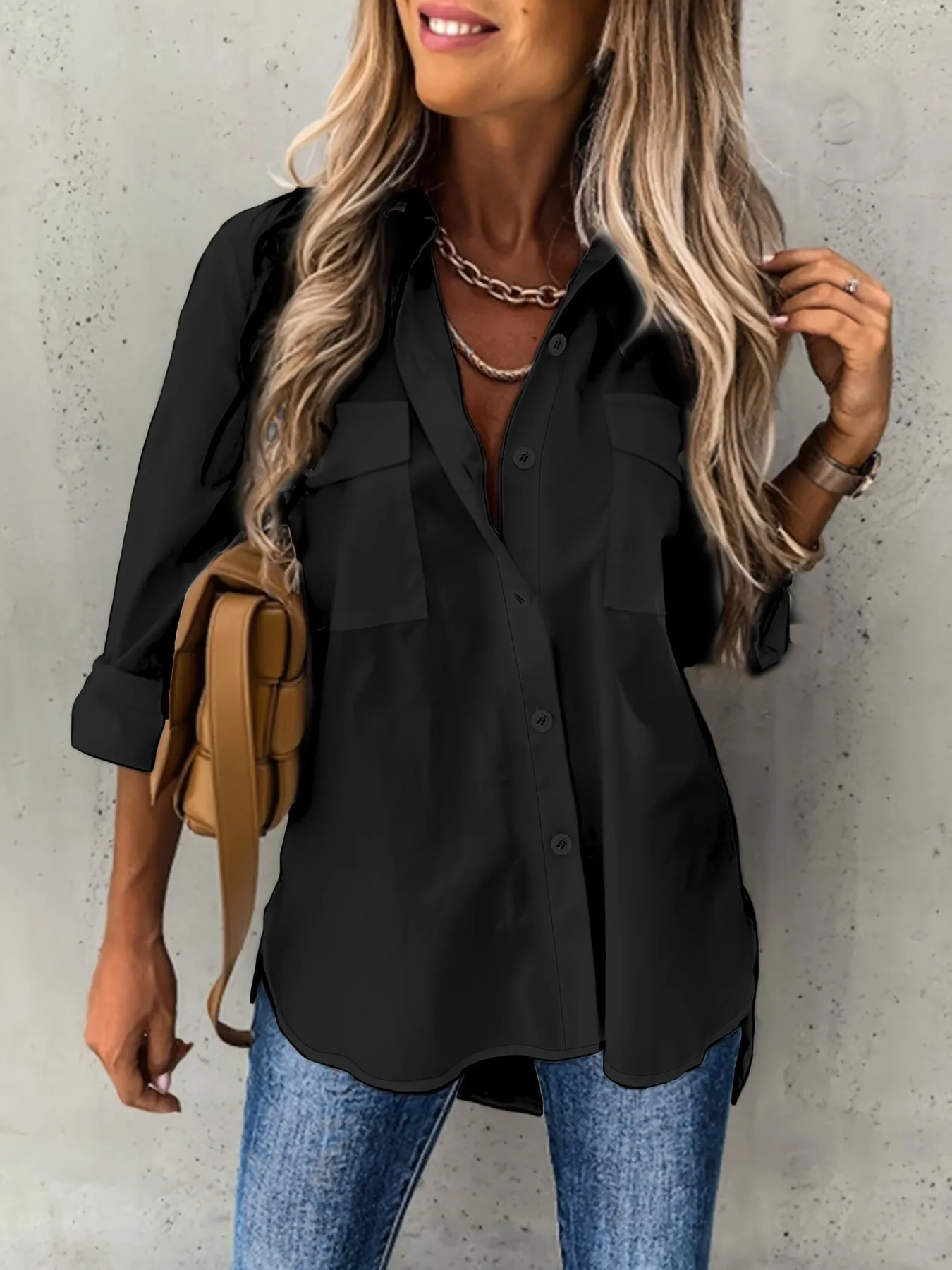 Buttons Front Long Sleeve Shirt - Semi-Transparent Fabric & Lapels Collar