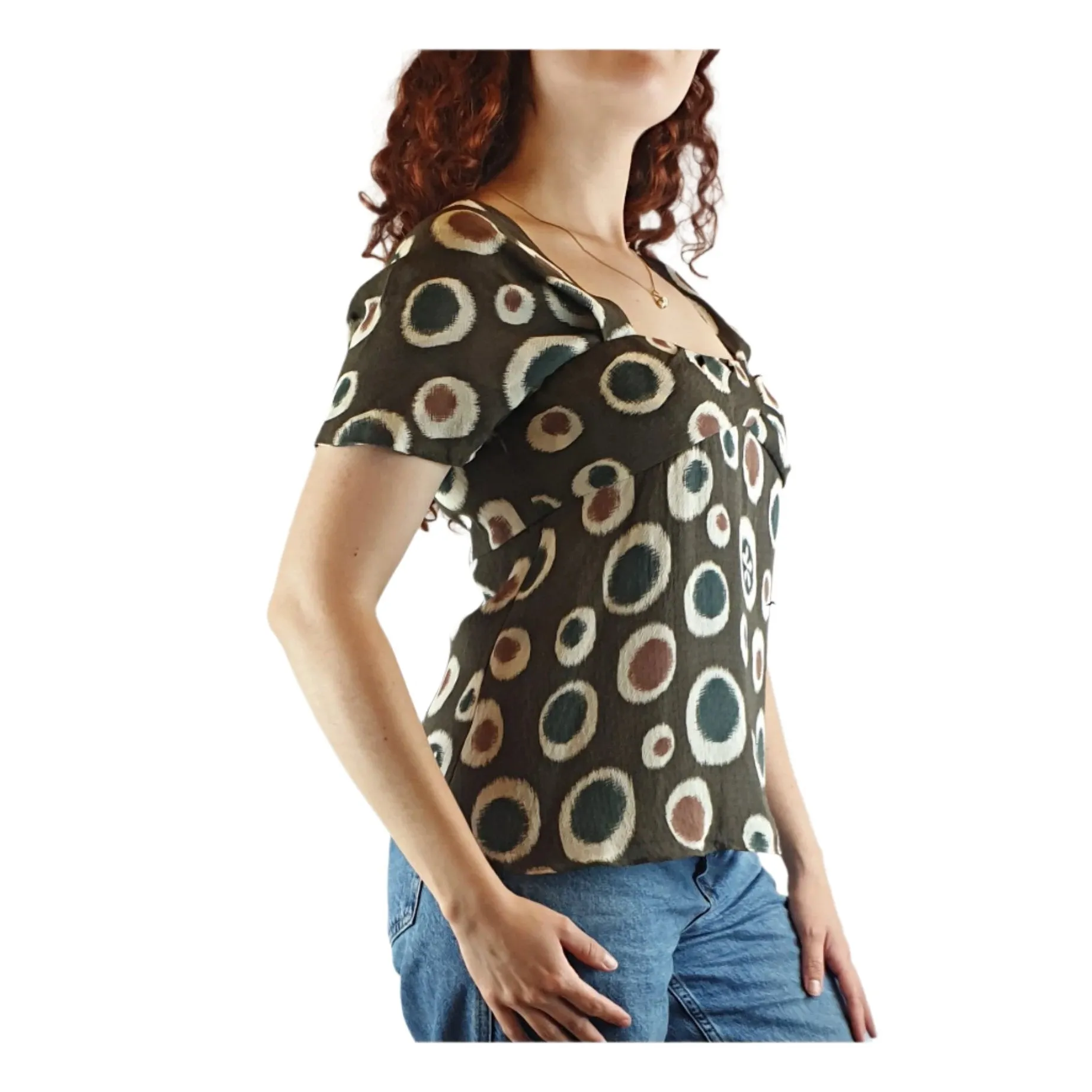 Cacharel deep olive green 100% silk fabric with asymmetrical dot print size 40 (fits size 10)