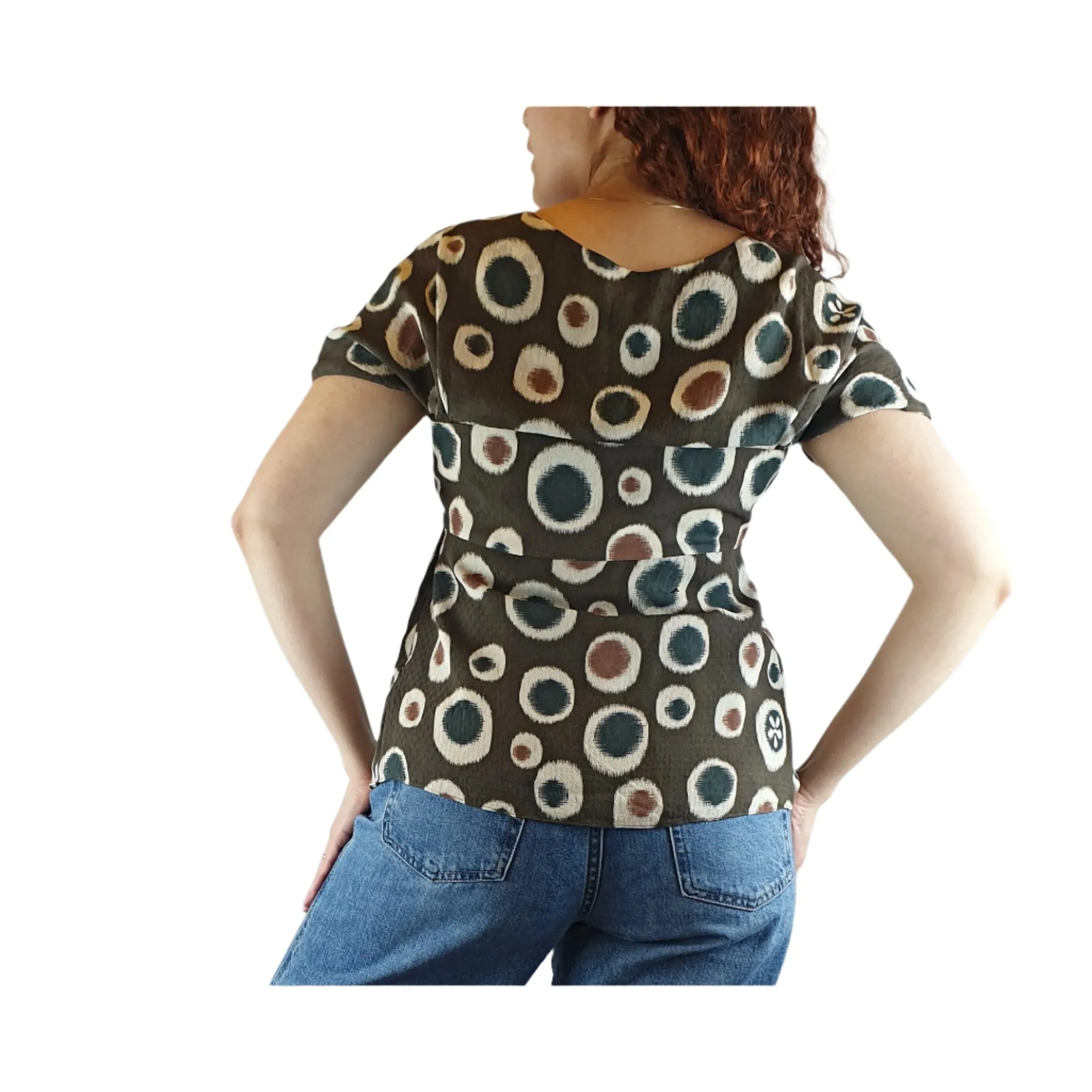 Cacharel deep olive green 100% silk fabric with asymmetrical dot print size 40 (fits size 10)