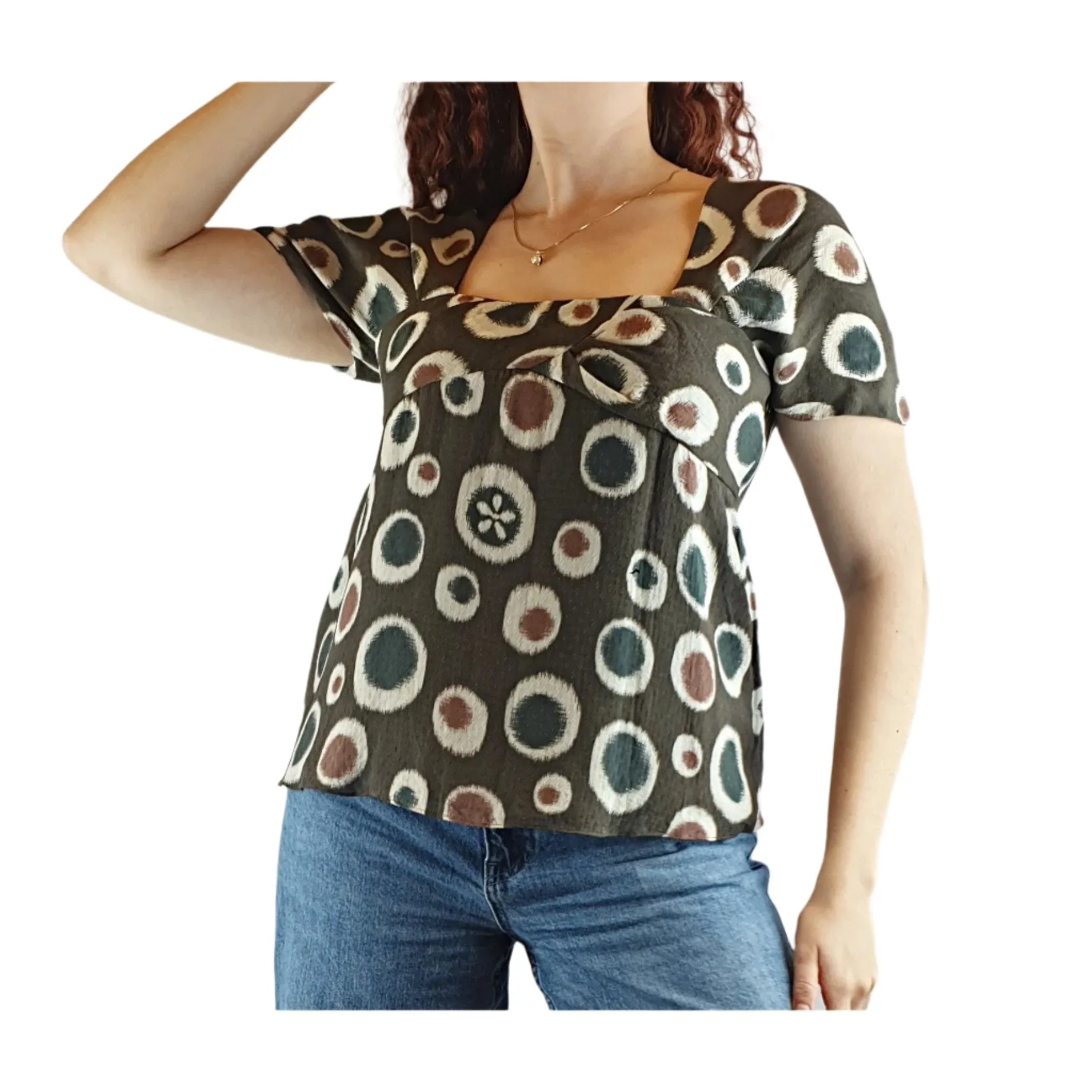 Cacharel deep olive green 100% silk fabric with asymmetrical dot print size 40 (fits size 10)