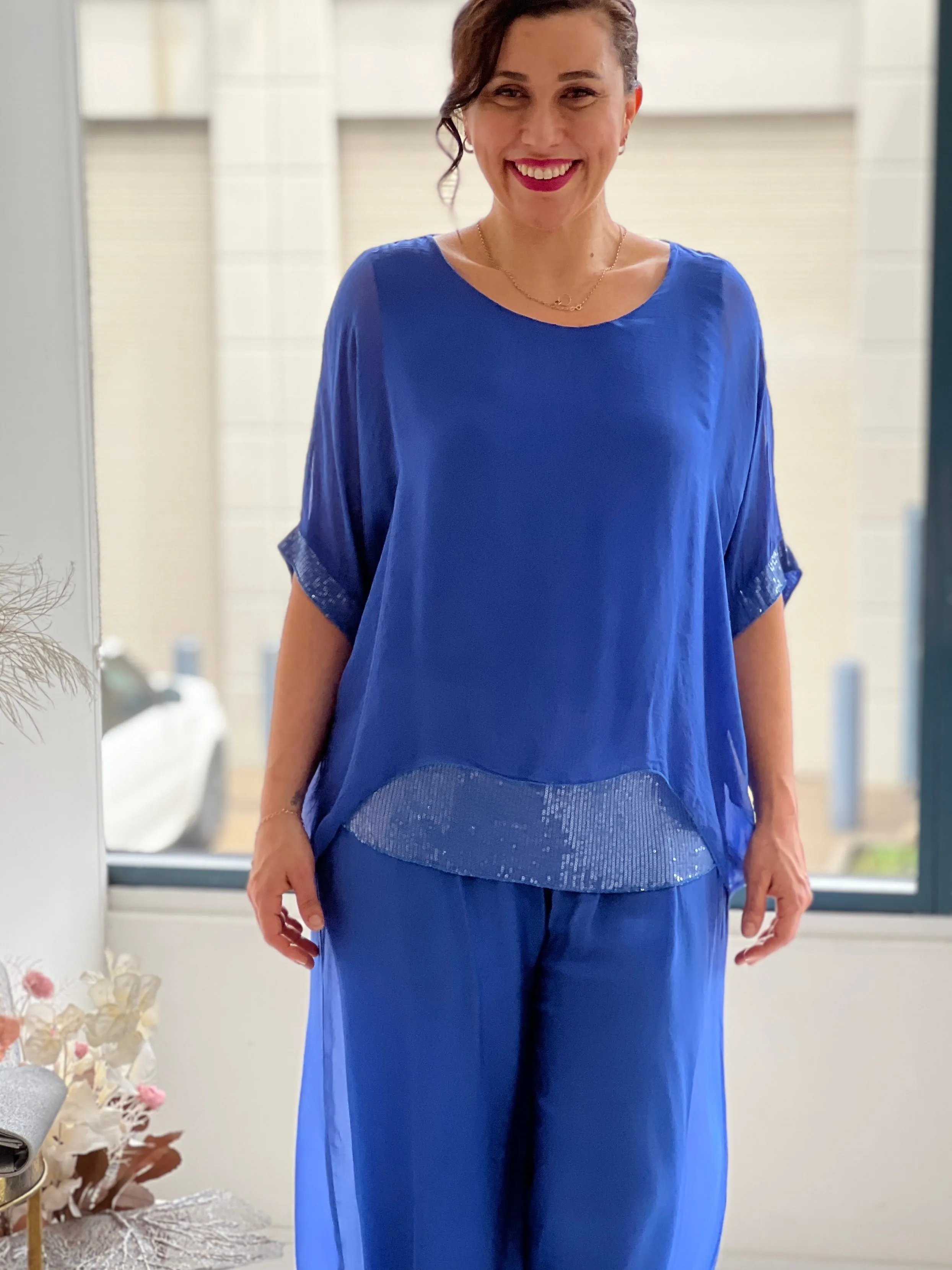 Callie Royal Sequin Silk Top
